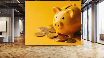 Yellow piggy bank surrounded by coins on yellow background Wall mural