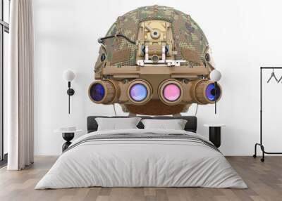 helmet night goggles camouflage dressing, front view. 3d rendering Wall mural