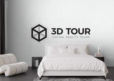 3D room,house,flat,apartment tour logo. VR vision attraction emblem. Virtual reality journey, landscape panoramic view icon. Isolated interior visualization vector illustration Wall mural