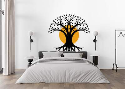 Black tree isolated vector logo. Organic cosmetic symbol. Round health sign Wall mural