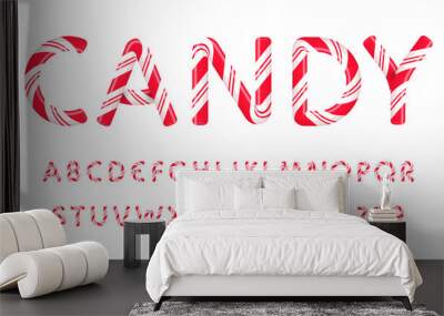 Candy letters and numbers set. Sweet lollipop font. Festival style vector latin alphabet. Fonts for event, promo, logo, banner, monogram and poster. Typeset design. Wall mural