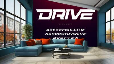 Drive font bold italic letters with dynamic slant and geometric cut for speed race, battle, fast delivery or fight poster driver alphabet vector typography design. Wall mural