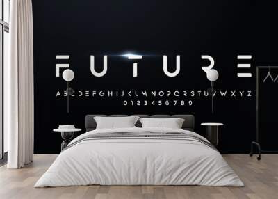 Future style font, bold letters and numbers. Futuristic design type for modern logo. Minimalist vector typography for digital device and hud graphic element. Cropped style alphabet Wall mural