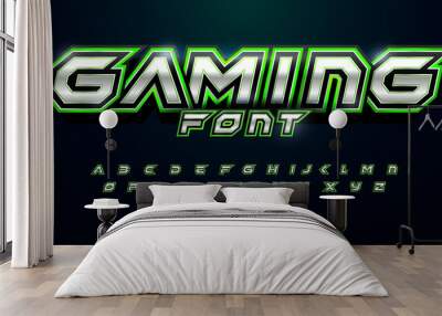 Modern futuristic font for video game logo and headline. Bold letters with sharp angles and green outline. Tilted sharp font on black background. Vector typography design with metal texture Wall mural