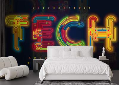 neon light font, alphabet for hud, data and research. bright luminous tube letters from contour line Wall mural