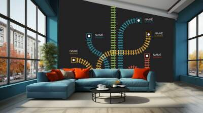 Railroad tracks, railway simple icon, rail track direction, train tracks colorful vector illustrations on black backgroud, colorful stairs, subway stations map top view, infographic elements. Wall mural