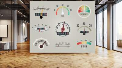 Set of measuring device display, arrow and scale on the meter screen of business indicator, speedometer icons, vector logo design. Wall mural