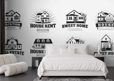 Villas icons, classic american village house architecture. Logo template for real estate agent, sale and rental, restore and repair business. Wall mural