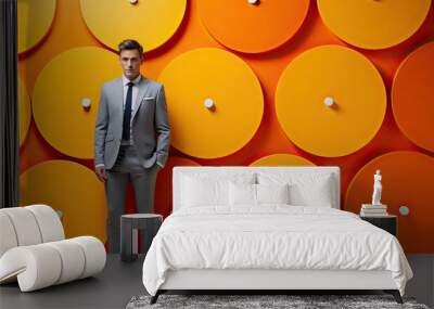 A businessman in a grey suit standing against a vibrant yellow background.  Wall mural