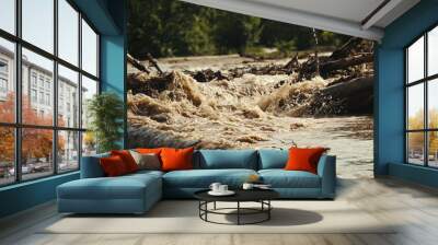 Raging floodwaters carry logs, branches, and debris through lush green landscape, showcasing power of nature and impact of heavy rainfall Wall mural