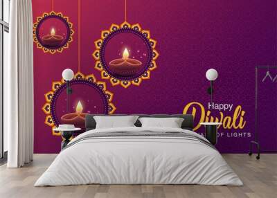  Happy Diwali celebration background. front view of banner design decorated with illuminated oil lamps on patterned stylish background. vector illustration Wall mural