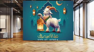 beautiful Eid al Adah art greetings. goat holding Arabic lantern. Arabian culture background. abstract vector illustration design. Wall mural