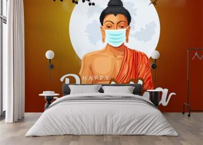 Buddha vector illustration design. Buddha's face artwork for Painting with happy Wesak day lettering	.covid19, corona virus concept Wall mural