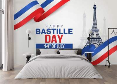 Happy Bastille Day, 14th of July, holiday greeting card in colors of the national flag of France with Eiffel tower and lettering. Vector illustration. Wall mural