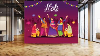 Happy holi festival of India background. group of people playing holi dance. vector illustration banner design Wall mural