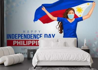 happy Independence day 12 th june Happy independence day of Philippines , girl running with Philippine flag. vector illustration. greeting card. covid 19, coronavirus concept. Wall mural