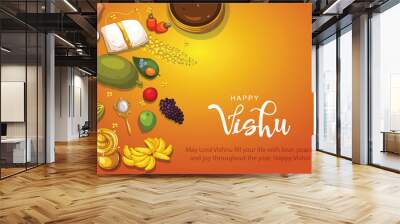 Happy Vishu greetings. April 14 Kerala festival with Vishu Kani, vishu flower Fruits and vegetables in a bronze vessel. abstract vector illustration design Wall mural