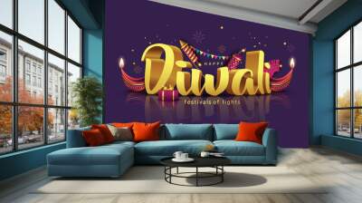 Indian festival Happy Diwali with Diwali props, holiday Background, Diwali celebration greeting card, vector illustration design. Wall mural