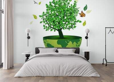 world environment day poster. global earth and green tree, butterflies. vector illustration design. Wall mural