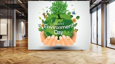 world environment day poster. two hands holding global earth and green tree. vector illustration design. Wall mural