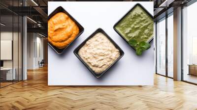 Group of Indian Chutneys includes coconut, Peanut, green and red chilly, garlic and pudina served in small square shape bowls. selective focus Wall mural