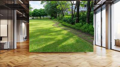 Green lawn garden with brown walkway in Chatuchak park beside Bts train station on Phaholyothin road, landmark and Famous public park in Bangkok for people come to joy and relaxing Wall mural