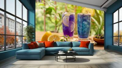 Two glasses of Blue and Violet Butterfly pea flower juice drinking, decoreted with yellow lemon sliced and fresh and dry Asian pigeon wings flowers, on wooden table and green blurry background Wall mural