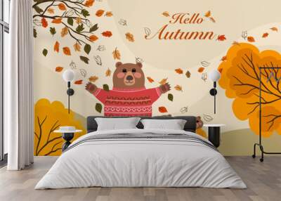 Vector drawing of brown bear family celebrated Autumn season, mother bear and 2 Cubs wearing sweater on grass under autumn orange tree and colorful leaves blowing with Hello Autumn texts  Wall mural