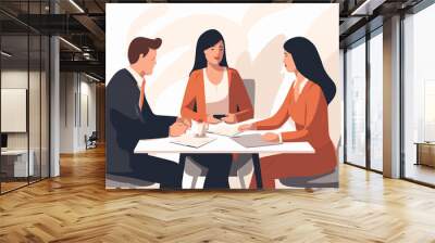 Flat illustration, one male manager having a discussion with two women in office on white background Wall mural