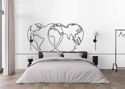 Vector illustration of the continuous line drawing of the heart and world. The world of love. The happy world day. Wall mural