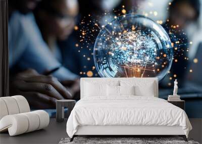 Glowing light bulb with brain-shaped network representing innovation and creative thinking in teamwork setting Wall mural