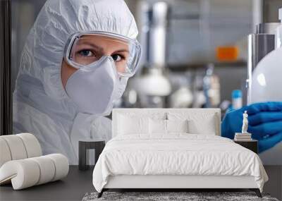 A pharmaceutical lab with scientists in protective gear working with advanced equipment, highlighting the innovation in the medical industry Wall mural