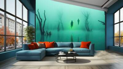 Eerie underwater scene with submerged trees, mist, and ghostly figures, creating a mysterious and tranquil atmosphere. Wall mural