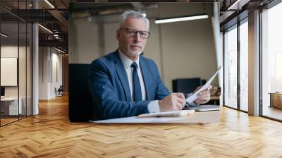 Handsome businessman holding paper documents working in modern office. Portrait of pensive senior manager wearing formal clothing looking at camera sitting at workplace. Successful business  Wall mural