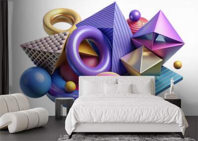 3D Abstract design, pattern graphic art symbols with various shapes, white isolated background, poster art design, magazine front page, hi-tech print, cover artwork. Wall mural