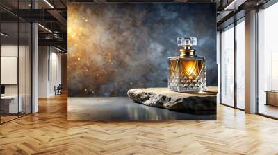 A luxury glass or crystal perfume bottle on the stone platform display background in dramatic studio lighting theme as wide banner with copy space area. Wall mural