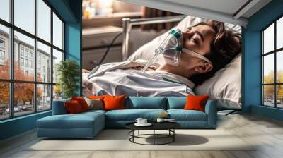 A person is lying in an intensive care medical ward. oxygen mask on the face. Brazilian oropouche lazy fever virus concept. Wall mural