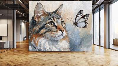 watercolor cat illustration. Cat portrait is watercolor painted, with a butterfly flies next to the cat. closeup. Wall mural