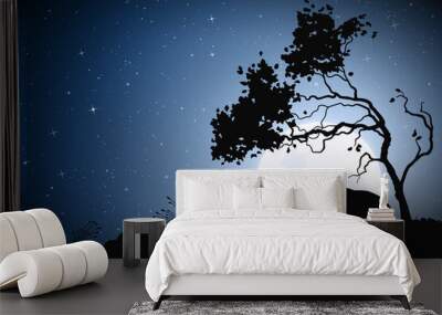 Bear under tree on night. Wild animal silhouette. Moon in starry sky Wall mural