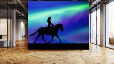 Girl on horse by sea at night. Vector illustration with silhouette of running horse and female rider. Northern lights in starry sky. Colorful aurora borealis Wall mural