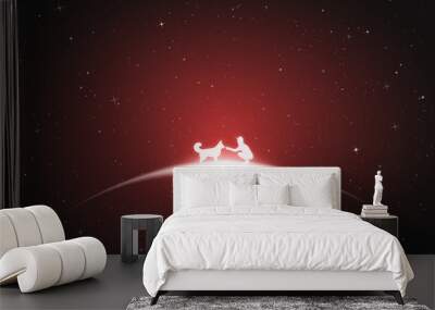 Girl with dog in space. Vector conceptual illustration with white silhouettes of woman and pet. Red abstract background with stars and glowing outline Wall mural