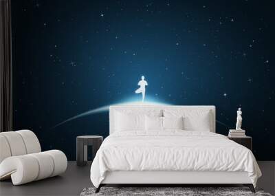 Lonely yogi in space. Vector conceptual illustration with white silhouette of meditating man. Bue abstract background with stars and glowing outline Wall mural