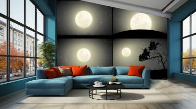 Moonlight landscapes. Full moon in night starry sky. Black white set Wall mural