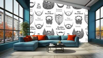 Seamless pattern with beards and mustaches. Hand drawn illustration with fashionable men's styles. Linear Graphics. Kinds and names of hairstyles Wall mural