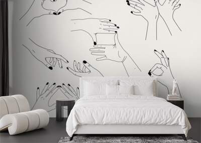 Set of hand gestures showing human relationships. Love and care. Contour vector illustration with heart shaped hands, reaching hands. Simple linear sketch with body language for design Wall mural