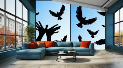 Set of silhouettes of birds and hand gesture on blue background. Bird shaped hands. Flocks of pigeons in sky. Vector illustration with isolated elements for design Wall mural