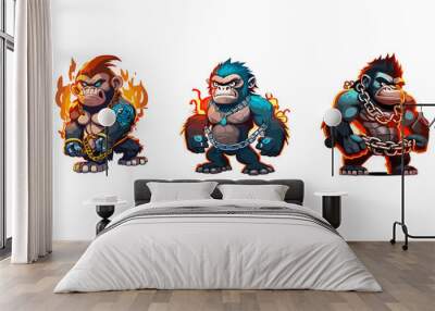 Three gorillas with chains around their necks. One is chained to a fire, another is chained to a chain, and the third is chained to a fire Wall mural