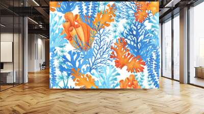 Seamless pattern with a underwater life objects blue and orange sea plants. Illustrations of tropical aquarium seaweed. Marine aquarium flora design. Hand drawn watercolor painting on white background Wall mural