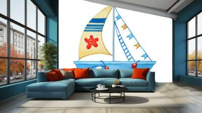 Stylized children blue boat with yellow sail, orange starfish, lifebuoy. Watercolor hand drawn painting illustration, isolated on a white background. Wall mural