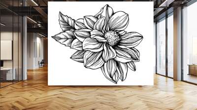 Сloseup Dahlia flower with leaves. Black and white outline illustration hand drawn work isolated on white background. Wall mural